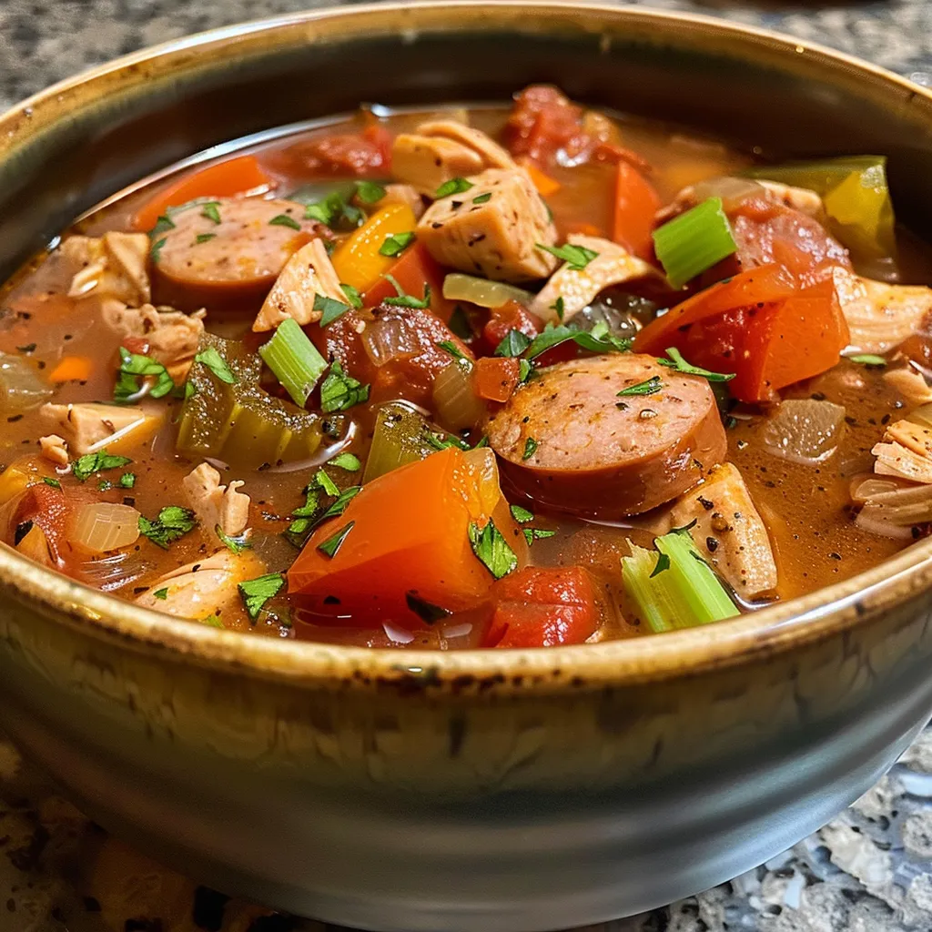 ['A close-up view of a bowl of Cajun turkey and sausage soup with colorful ingredients.', 'Juicy Cajun turkey soup featuring andouille sausage, vegetables, and spices in a bowl.', 'A vibrant bowl of leftover turkey soup with chunks of sausage and mixed vegetables.', 'Hearty Cajun turkey and sausage soup showcasing rich colors and textures in a side view.']
