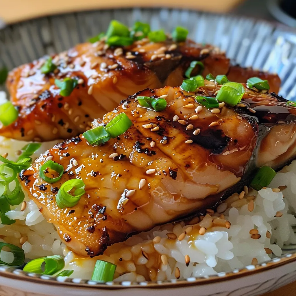 Close-up view of a juicy teriyaki cod fillet on a plate.