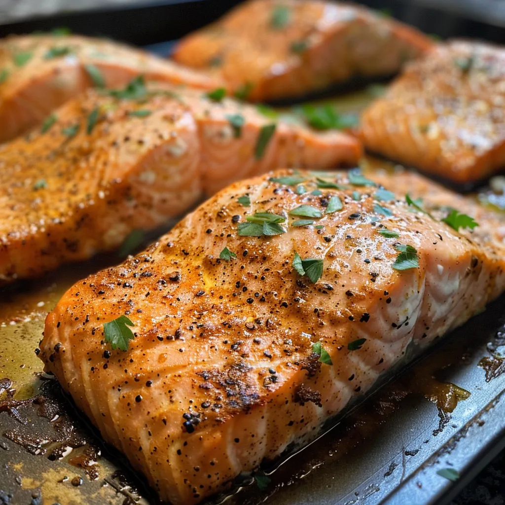 ['A close-up view of juicy Cajun Baked Salmon, garnished with colorful bell peppers and onions.', 'Side view of delicious Cajun Baked Salmon with vibrant veggies, showcasing its flaky texture.', 'Close-up image of Cajun Baked Salmon, highlighting the spices and accompanying vegetables.', 'Detailed shot of salmon fillets baked with Cajun seasoning, surrounded by sliced bell peppers and onions.']