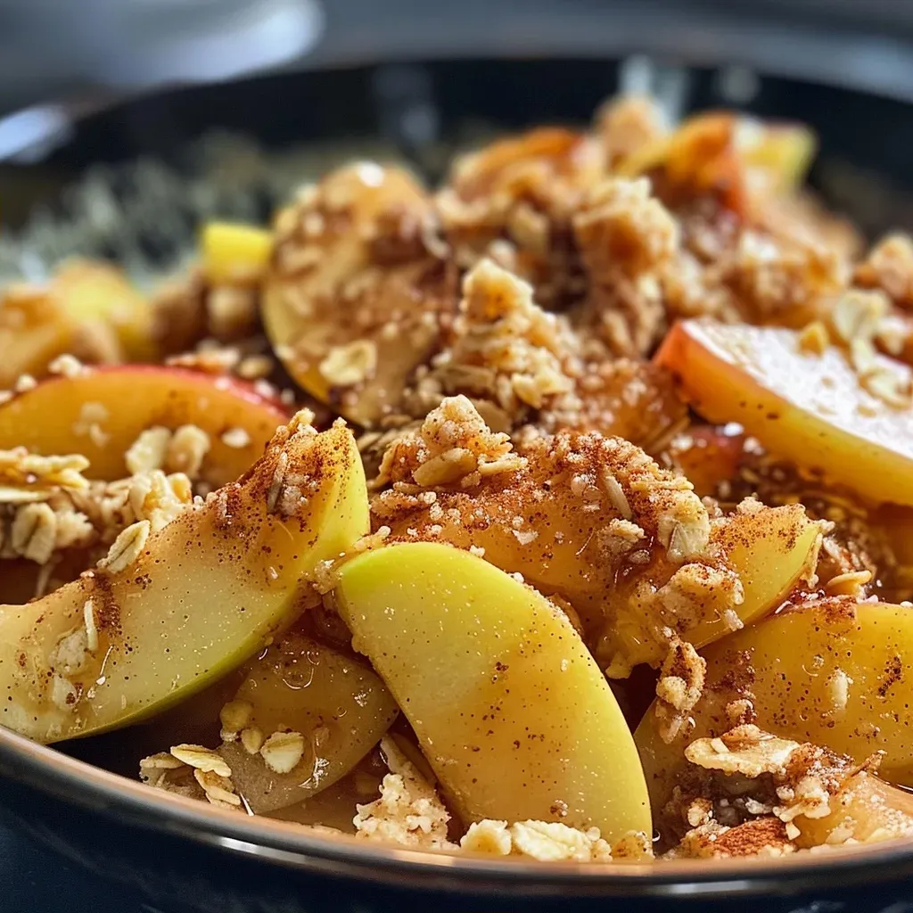 Close-up view of a golden brown Apple Crisp with visible apple slices and crumb topping.