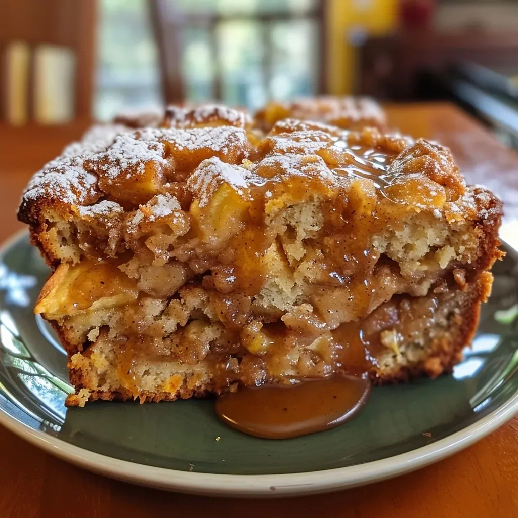 ['Close-up view of a juicy apple fritter bread, showcasing its golden-brown texture with chunks of apples.', 'Side angle of a slice of apple fritter bread, revealing a moist interior filled with apple pieces and a sugary glaze.', 'Detailed image of freshly baked apple fritter bread, emphasizing its soft crust and apple bits peeking through.', 'Close shot of apple fritter bread on a plate, highlighting the glaze and cinnamon-sugar topping.']