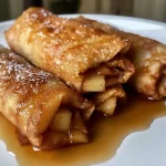 ['Close-up view of crispy golden-brown apple pie egg rolls on a plate.', 'Side view of apple pie egg rolls filled with diced apples and cinnamon.', 'Delicious apple pie egg rolls arranged neatly, highlighting their flaky texture.', 'Juicy apple pie egg rolls ready to be dipped in caramel sauce.']