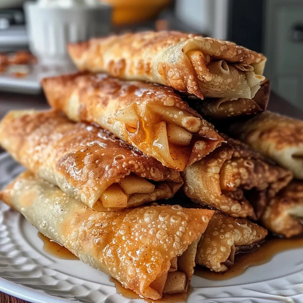 Close-up of golden-brown apple pie egg rolls on a white plate.