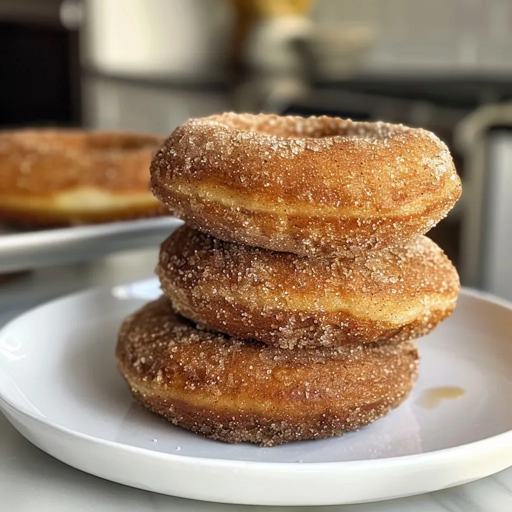 Close-up view of Baked Apple Cider Donuts topped with cinnamon sugar.