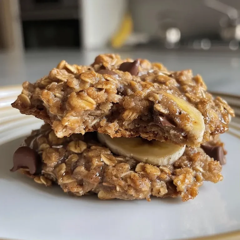 ['A close-up view of freshly baked Banana Oatmeal Cookies, highlighting their golden-brown color and chocolate chip inclusions.', 'A side angle shot of Banana Oatmeal Cookies, showcasing their chewy texture and banana chunks.', 'A detailed photo of Banana Oatmeal Cookies arranged on a wooden surface, featuring visible oats and chocolate chips.', 'An appetizing side view of a stack of Banana Oatmeal Cookies, emphasizing their homemade appearance.']