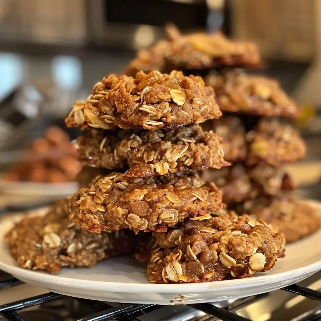['A close-up view of freshly baked Banana Oatmeal Cookies, highlighting their golden-brown color and chocolate chip inclusions.', 'A side angle shot of Banana Oatmeal Cookies, showcasing their chewy texture and banana chunks.', 'A detailed photo of Banana Oatmeal Cookies arranged on a wooden surface, featuring visible oats and chocolate chips.', 'An appetizing side view of a stack of Banana Oatmeal Cookies, emphasizing their homemade appearance.']