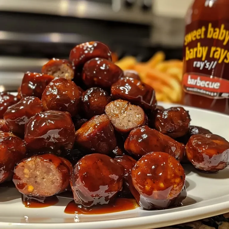 ['Close-up view of BBQ smoked sausage bites coated in barbecue sauce.', 'Juicy BBQ smoked sausage bites arranged appetizingly on a plate.', 'Side view of glistening BBQ smoked sausage bites, showcasing their texture.', 'Delicious BBQ smoked sausage bites served with a side of sauce for dipping.']