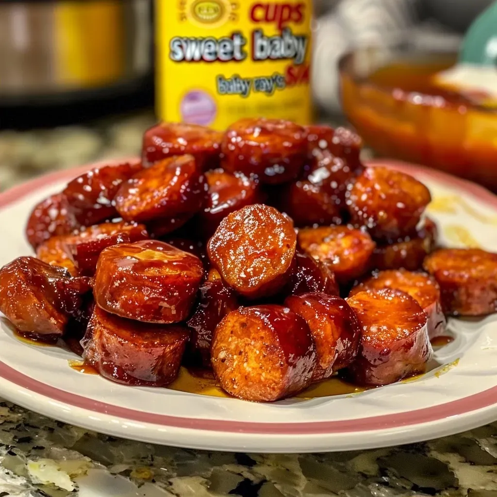 ['Close-up view of BBQ smoked sausage bites coated in barbecue sauce.', 'Juicy BBQ smoked sausage bites arranged appetizingly on a plate.', 'Side view of glistening BBQ smoked sausage bites, showcasing their texture.', 'Delicious BBQ smoked sausage bites served with a side of sauce for dipping.']