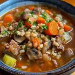 ['Close-up view of a bowl of Beef Barley Soup with visible chunks of beef and vegetables.', 'Side view of a hearty Beef Barley Soup filled with beef, carrots, and barley grains.', 'An inviting dish of Beef Barley Soup showcasing rich broth and colorful ingredients.', 'A delicious serving of Beef Barley Soup with a variety of textures and ingredients.']