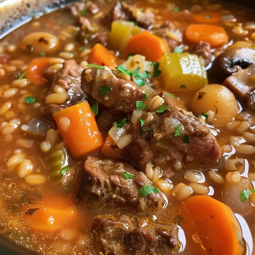 ['Close-up view of a bowl of Beef Barley Soup with visible chunks of beef and vegetables.', 'Side view of a hearty Beef Barley Soup filled with beef, carrots, and barley grains.', 'An inviting dish of Beef Barley Soup showcasing rich broth and colorful ingredients.', 'A delicious serving of Beef Barley Soup with a variety of textures and ingredients.']