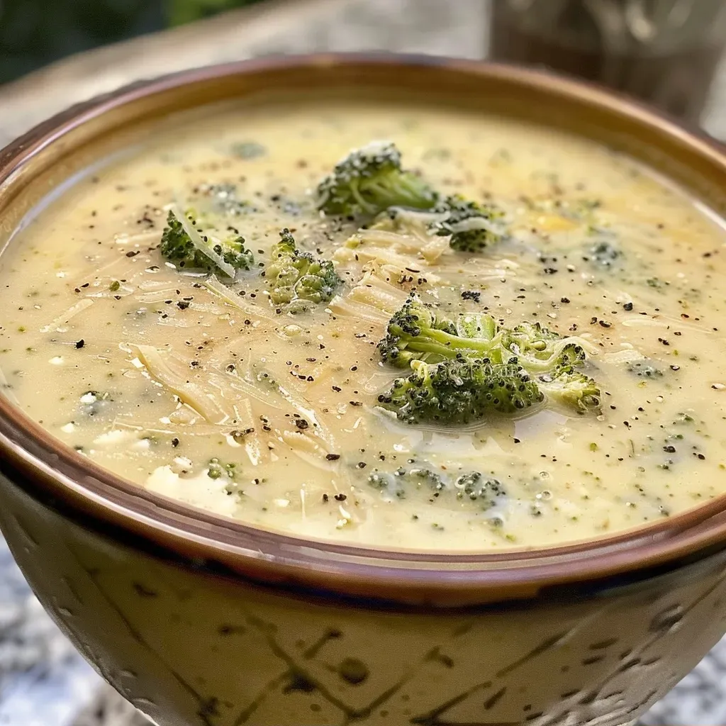 ['Creamy broccoli cheese soup in a bowl with vibrant green broccoli pieces visible.', 'Side view of a bowl filled with thick broccoli cheese soup garnished with cheese.', 'Close-up of delicious broccoli cheese soup showcasing its rich, creamy texture.', 'A hearty bowl of broccoli cheese soup featuring chunks of broccoli and shredded cheese.']