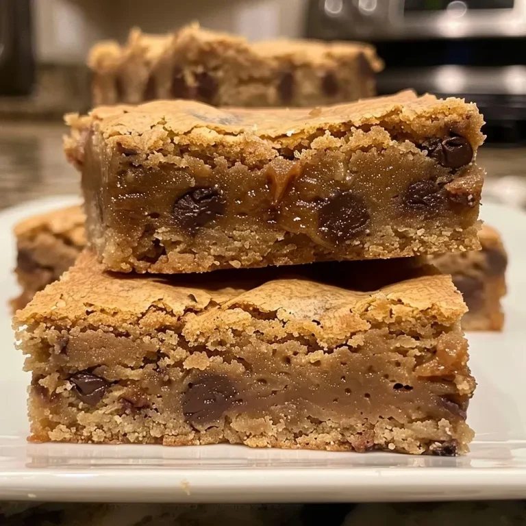 ['Close-up side view of a golden-brown chocolate chip blondie with gooey chocolate chunks.', 'A delicious slice of brown butter chocolate chip blondie showcasing its rich texture and melted chocolate.', 'Side view of a decadent blondie featuring dark chocolate chips in a warm, soft baked dessert.', 'Close-up image of a gooey chocolate chip blondie, highlighting the brown butter crust and chocolate pieces.']