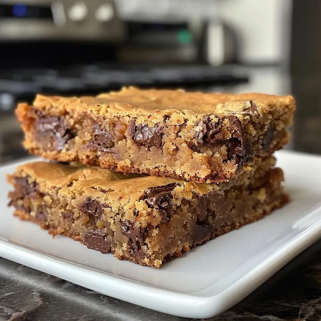 Close-up side view of a golden-brown chocolate chip blondie with gooey chocolate chunks.