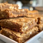 ['Close-up view of a gooey Browned Butter Blondie with a golden crust.', 'Side view of freshly baked Browned Butter Blondies, showing their rich texture.', 'Tantalizing Browned Butter Blondies with a glossy top and chunks of white chocolate.', 'Deliciously baked Browned Butter Blondies, featuring hints of pecans and buttery goodness.']