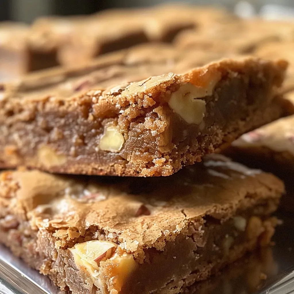 ['Close-up view of a gooey Browned Butter Blondie with a golden crust.', 'Side view of freshly baked Browned Butter Blondies, showing their rich texture.', 'Tantalizing Browned Butter Blondies with a glossy top and chunks of white chocolate.', 'Deliciously baked Browned Butter Blondies, featuring hints of pecans and buttery goodness.']