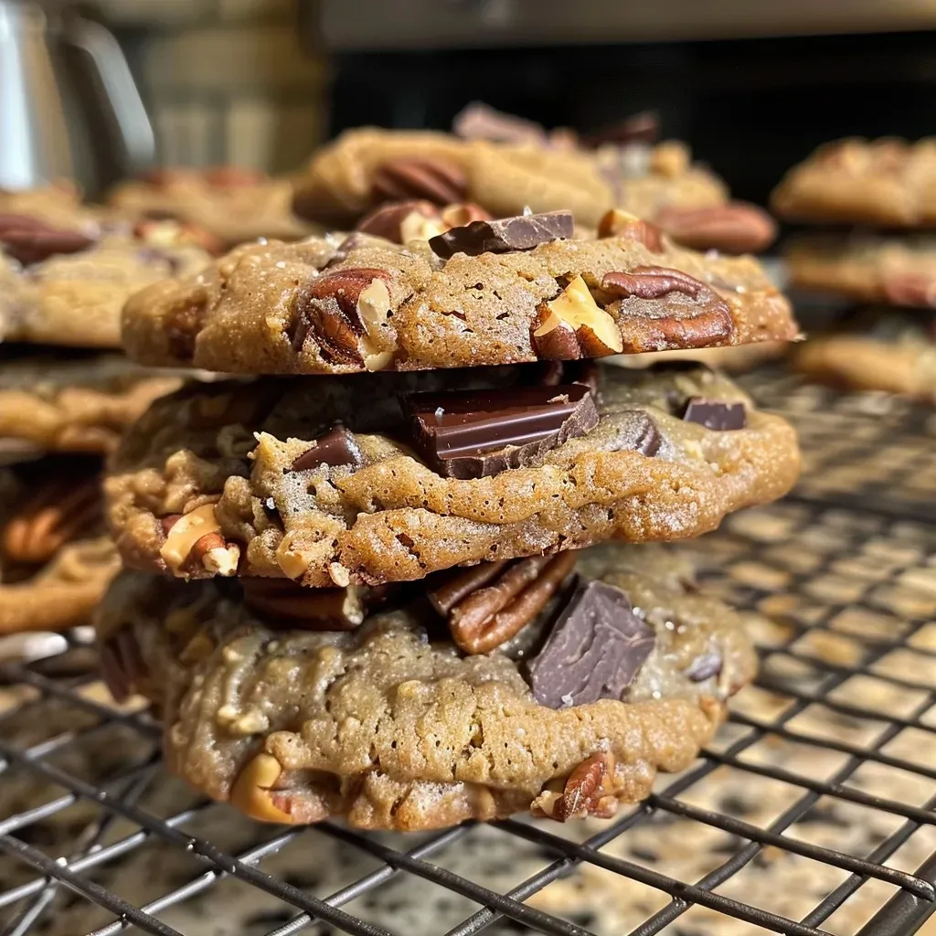['Close-up of golden brown Butter Pecan Cookies with chopped pecans.', 'Side view of freshly baked Butter Pecan Cookies, showcasing their rich texture.', 'Juicy Butter Pecan Cookies decorated with whole pecan halves, glistening with butter.', 'A plate of deliciously browned Butter Pecan Cookies, highlighting their crunchy exterior.']