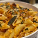 ['A creamy serving of butternut squash mac and cheese in a bowl, with visible pasta shells and herbs.', 'Close-up view of rich, cheesy butternut squash mac and cheese, focusing on the texture and color.', 'Side view of a dish filled with butternut squash mac and cheese, showcasing its creamy consistency and toppings.', 'A bowl of butternut squash mac and cheese, garnished with herbs, highlighting the creamy sauce and pasta.']