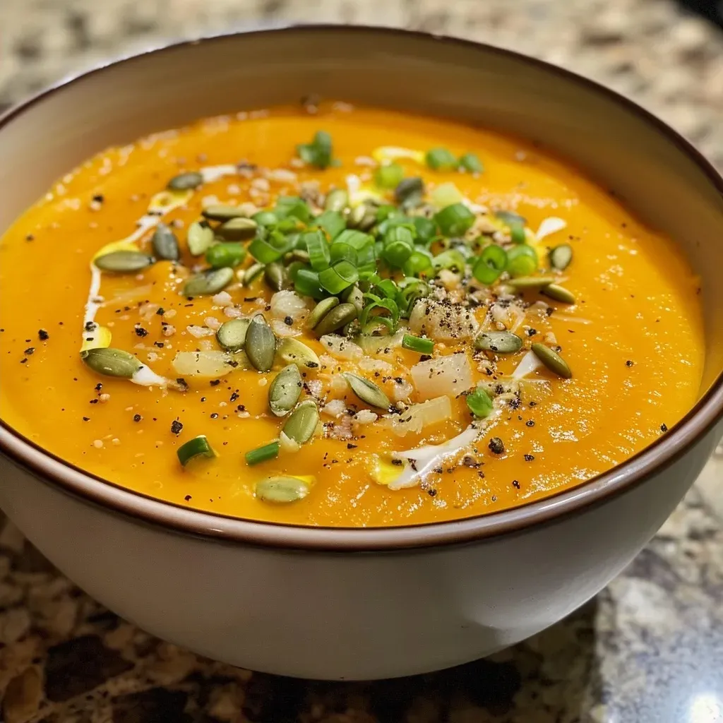 ['A close-up view of a bowl of creamy butternut squash soup with a garnish of herbs.', 'Side angle of a vibrant orange butternut squash soup in a rustic bowl, surrounded by fresh ingredients.', 'A luscious bowl of butternut squash soup, showcasing its smooth texture and garnished with herbs.', 'An appetizing close-up of butternut squash soup served with a drizzle of olive oil and herbs on top.']
