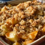 ['Close-up view of a caramel apple crumble with layered apples and crumb topping.', 'Juicy caramel apple crumble showcasing a golden-brown crust and sliced apples.', 'Delicious caramel apple crumble in a dish, highlighting the crumbly topping and apple slices.', 'Side view of caramel apple crumble with drizzled caramel and a crunchy topping.']