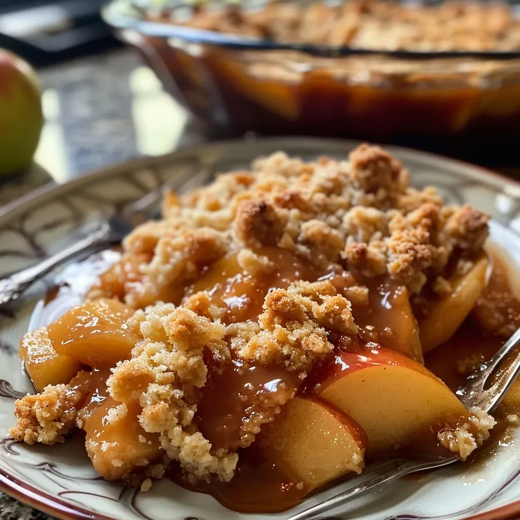 Close-up view of a caramel apple crumble with layered apples and crumb topping.