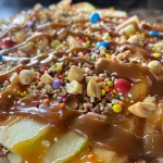 ['Close-up of caramel apple nachos topped with chocolate chips and sprinkles.', 'Side view of a plate of caramel apple nachos with colorful toppings.', 'Juicy apple slices drizzled with caramel and decorated with various toppings.', 'Artistic arrangement of caramel apple nachos featuring mini M&Ms and toffee bits.']