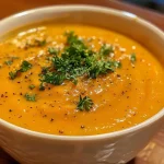 ['Close-up of a vibrant orange carrot ginger soup in a bowl, topped with fresh cilantro.', 'A side view of creamy carrot ginger soup garnished with herbs, showcasing its smooth texture.', 'A bowl of steaming carrot ginger soup with a rustic crusty bread on the side.', 'Bright carrot ginger soup with an inviting appearance, highlighting the ingredients in the background.']