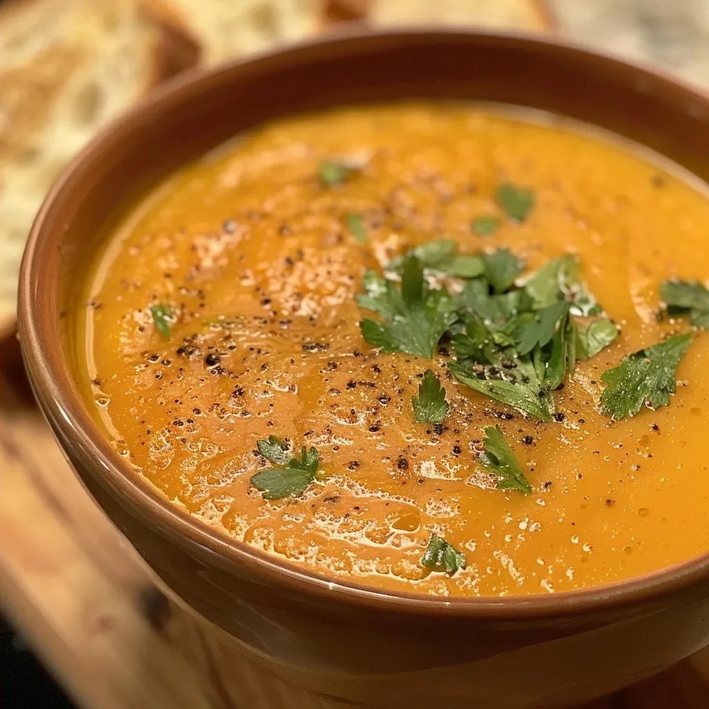 ['Close-up of a vibrant orange carrot ginger soup in a bowl, topped with fresh cilantro.', 'A side view of creamy carrot ginger soup garnished with herbs, showcasing its smooth texture.', 'A bowl of steaming carrot ginger soup with a rustic crusty bread on the side.', 'Bright carrot ginger soup with an inviting appearance, highlighting the ingredients in the background.']