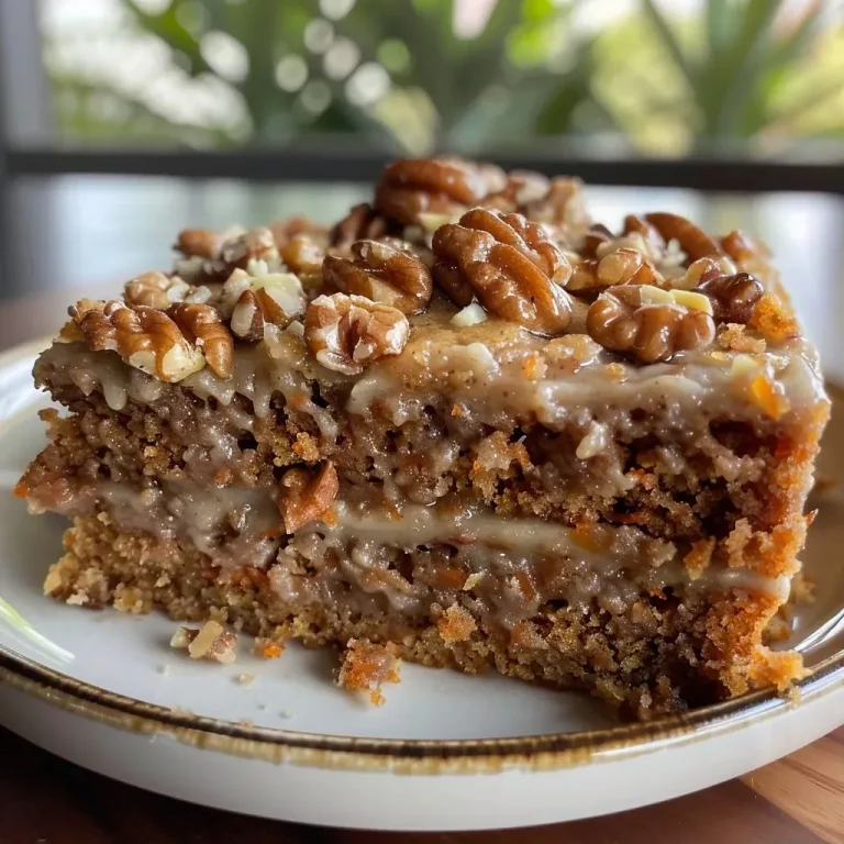 ['A side view close-up of a slice of Carrot Walnut Cake on a wooden table.', 'Juicy Carrot Walnut Cake slice with chopped walnuts visible, displayed on a plate.', 'Delicate layers of Carrot Walnut Cake, showing grated carrots and walnuts in a close-up shot.', 'A piece of moist Carrot Walnut Cake with icing, captured from the side with a soft background.']