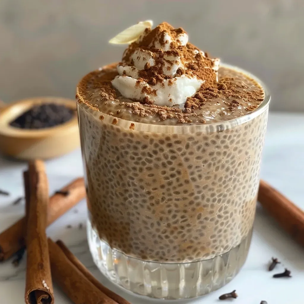 ['A close-up view of creamy Chai Latte Chia Pudding in a glass jar, topped with a sprinkle of cinnamon.', 'Side view of Chai Latte Chia Pudding with a rich, creamy texture and spices visible on top.', 'Delicious Chai Latte Chia Pudding in a jar, featuring a colorful layer of cinnamon and chia seeds.', 'A refreshing serving of Chai Latte Chia Pudding with a smooth surface and contrasting spices.']