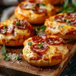['Close-up view of cheesy pizza bagel bites topped with turkey pepperoni.', 'Juicy pizza bagel bites on a plate, showcasing melted cheese and sauce.', 'Side view of golden brown bagel bites filled with pizza ingredients.', 'Appetizing presentation of bagel bites with gooey mozzarella cheese and pepperoni.']