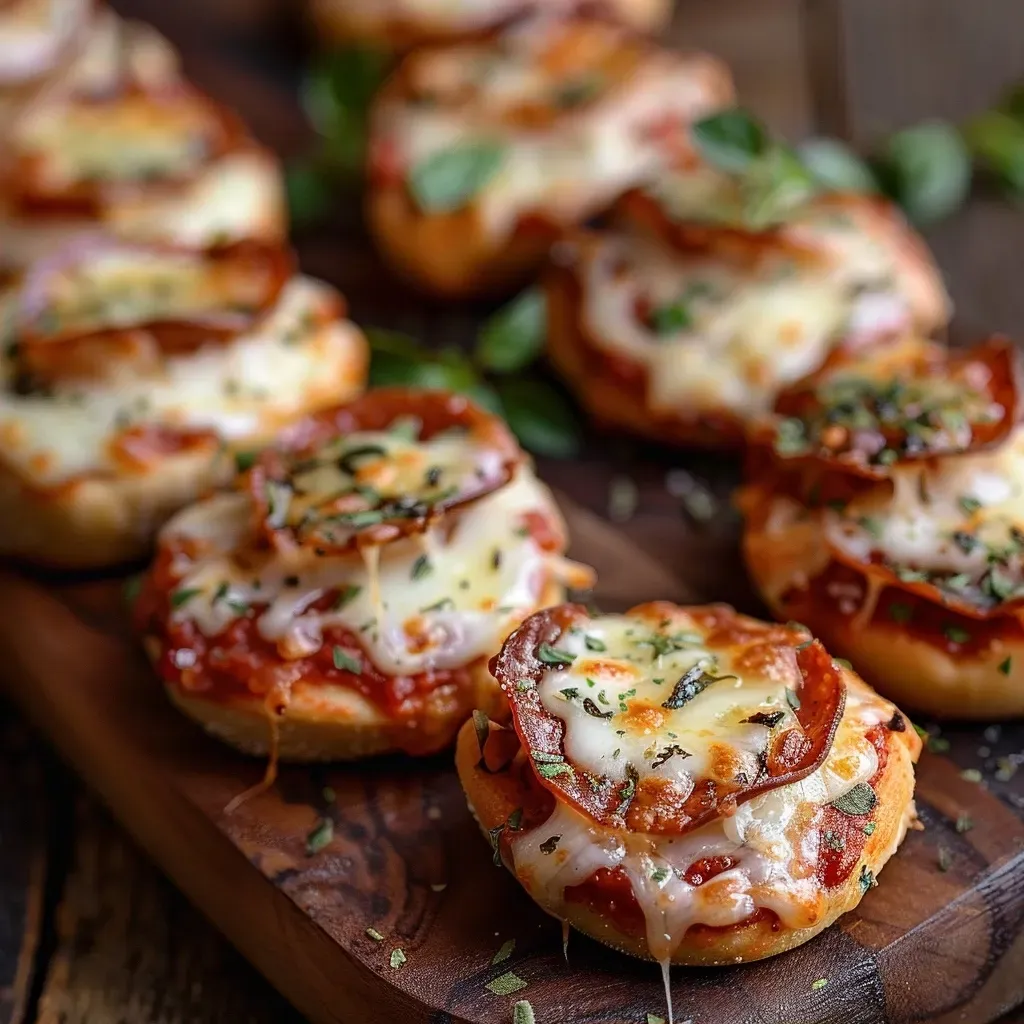 ['Close-up view of cheesy pizza bagel bites topped with turkey pepperoni.', 'Juicy pizza bagel bites on a plate, showcasing melted cheese and sauce.', 'Side view of golden brown bagel bites filled with pizza ingredients.', 'Appetizing presentation of bagel bites with gooey mozzarella cheese and pepperoni.']