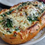 ['Close-up of a cheesy spinach dip served in a hollowed-out round bread loaf.', 'Side view of a cob loaf bread filled with creamy spinach and cheese dip.', 'Juicy and delicious Cheesy Spinach Cob Loaf displayed for serving.', 'Rich, green spinach dip inside a crusty bread bowl, ready to enjoy.']