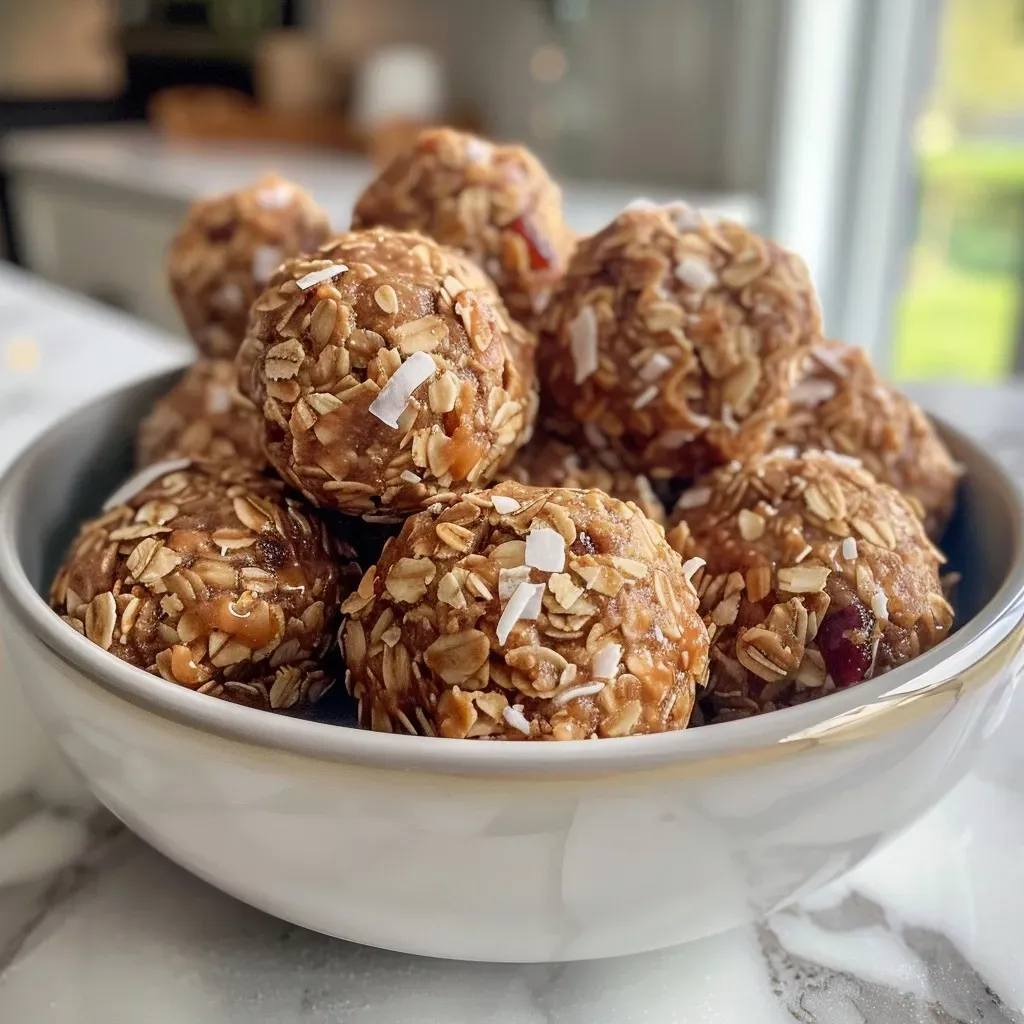 ['Close-up view of chewy granola balls with a golden hue and texture.', 'Side perspective of a cluster of chewy granola balls showcasing ingredients.', 'Mouthwatering chewy granola balls with visible chocolate chips and nuts.', 'Freshly made chewy granola balls featuring shredded coconut and dried fruit.']