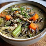['Close-up view of a creamy Chicken Wild Rice Soup in a bowl.', 'Side angle of Chicken Wild Rice Soup with vibrant vegetables and chicken pieces.', 'Delicious Chicken Wild Rice Soup displayed in a rustic bowl with garnishes.', 'Detail shot of Chicken Wild Rice Soup featuring wild rice and herbs.']