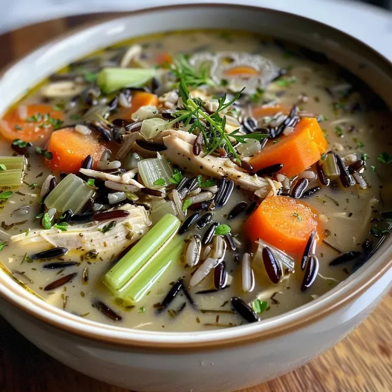 ['Close-up view of a creamy Chicken Wild Rice Soup in a bowl.', 'Side angle of Chicken Wild Rice Soup with vibrant vegetables and chicken pieces.', 'Delicious Chicken Wild Rice Soup displayed in a rustic bowl with garnishes.', 'Detail shot of Chicken Wild Rice Soup featuring wild rice and herbs.']