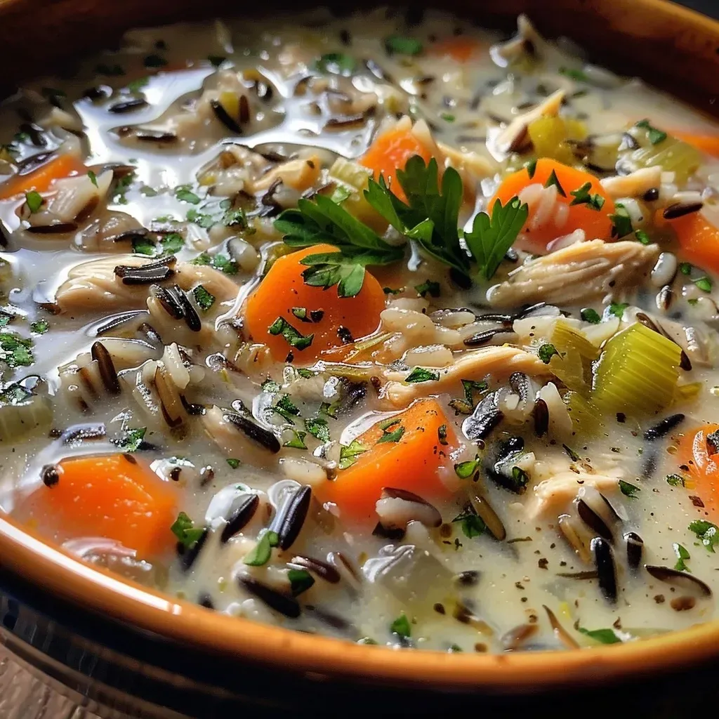 ['Close-up view of a creamy Chicken Wild Rice Soup in a bowl.', 'Side angle of Chicken Wild Rice Soup with vibrant vegetables and chicken pieces.', 'Delicious Chicken Wild Rice Soup displayed in a rustic bowl with garnishes.', 'Detail shot of Chicken Wild Rice Soup featuring wild rice and herbs.']