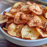 ['Close-up view of golden brown cinnamon apple chips arranged on a plate.', 'A side view of crispy cinnamon apple chips, showcasing their textured surface.', 'Juicy cinnamon apple chips displayed, highlighting their vibrant apple color.', 'A detailed shot of cinnamon-coated apple chips, emphasizing their crunchiness.']