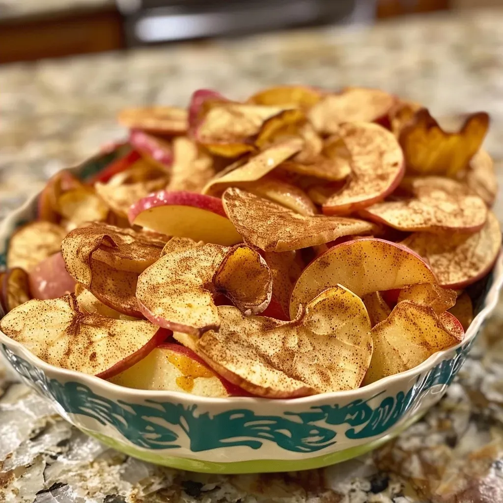 Close-up view of golden brown cinnamon apple chips arranged on a plate.
