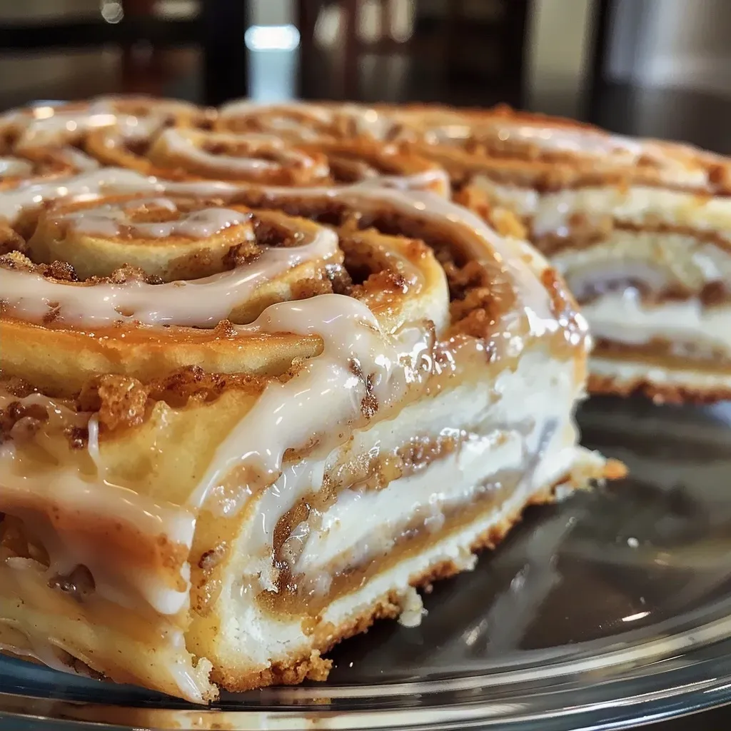 ['A close-up side view of a beautifully layered Cinnamon Roll Cake.', 'Juicy, decadent Cinnamon Roll Cake with visible swirls and glaze.', 'A detailed side shot of Cinnamon Roll Cake, showcasing its cinnamon filling and icing.', 'Lush Cinnamon Roll Cake with a glossy glaze, presented in a warm light.']