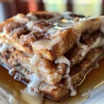 ['Close-up view of a warm Cinnamon Roll French Toast Casserole, topped with icing.', 'Side view of a baked Cinnamon Roll French Toast Casserole, showing golden-brown layers and drizzle of icing.', 'Deliciously baked Cinnamon Roll French Toast Casserole with a gooey topping, freshly made.', 'Mouthwatering Cinnamon Roll French Toast Casserole served in a dish, showcasing its fluffy texture.']