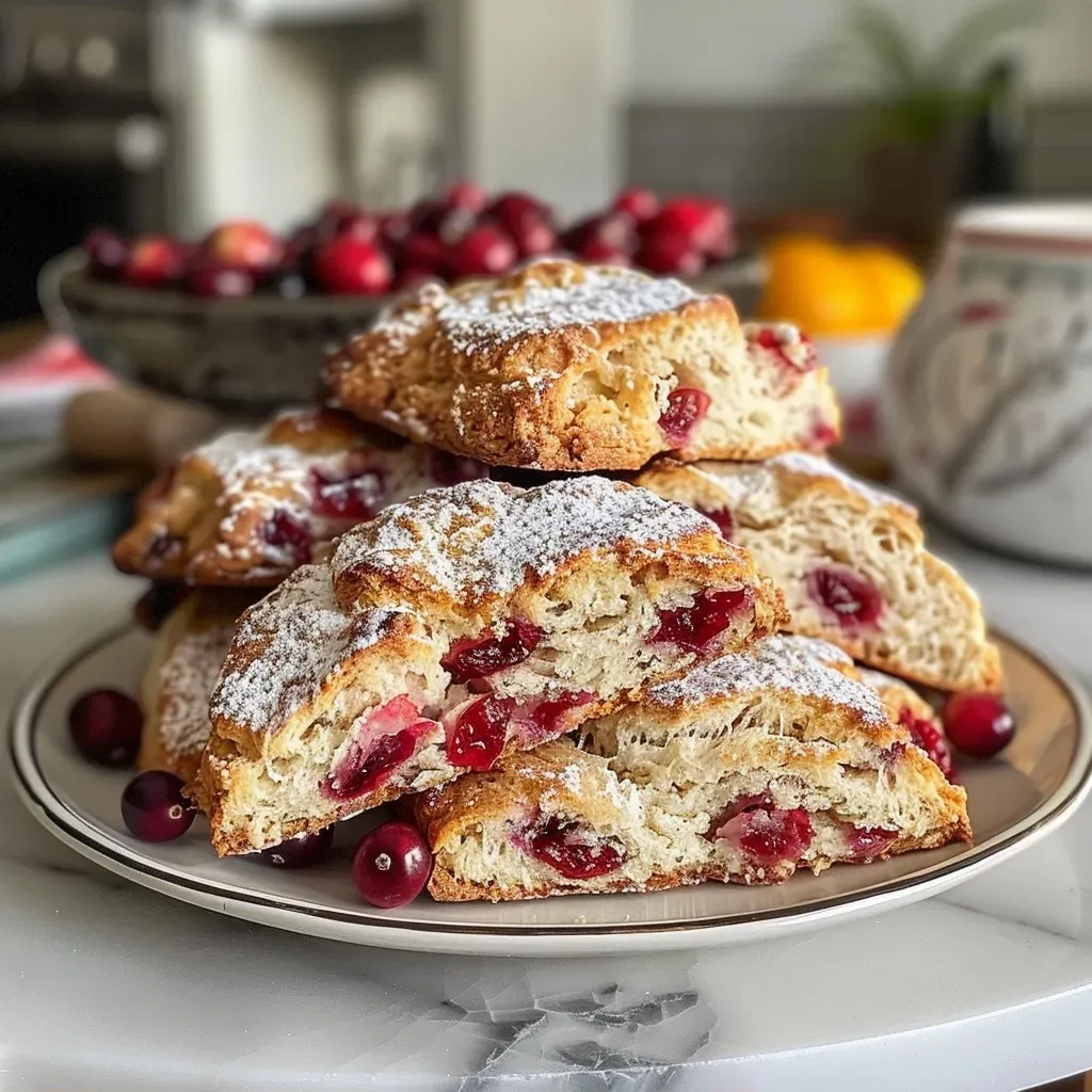 ['Close-up of a golden-brown Cranberry Orange Scone, showcasing juicy cranberries and orange zest.', 'Side view of a flaky Cranberry Orange Scone with visible chunks of cranberries and orange zest.', 'Detailed view of a freshly baked Cranberry Orange Scone with a light glaze, highlighting its texture.', 'Mouthwatering Cranberry Orange Scone, featuring whole cranberries and vibrant orange flecks.']