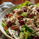 ['A close-up view of a vibrant Cranberry Pecan Chicken Salad in a bowl.', 'Juicy Cranberry Pecan Chicken Salad with nuts and dried fruit, presented in a dish.', 'A side view of a colorful chicken salad featuring cranberries and pecans.', 'Freshly made Cranberry Pecan Chicken Salad shown from the side, highlighting the ingredients.']