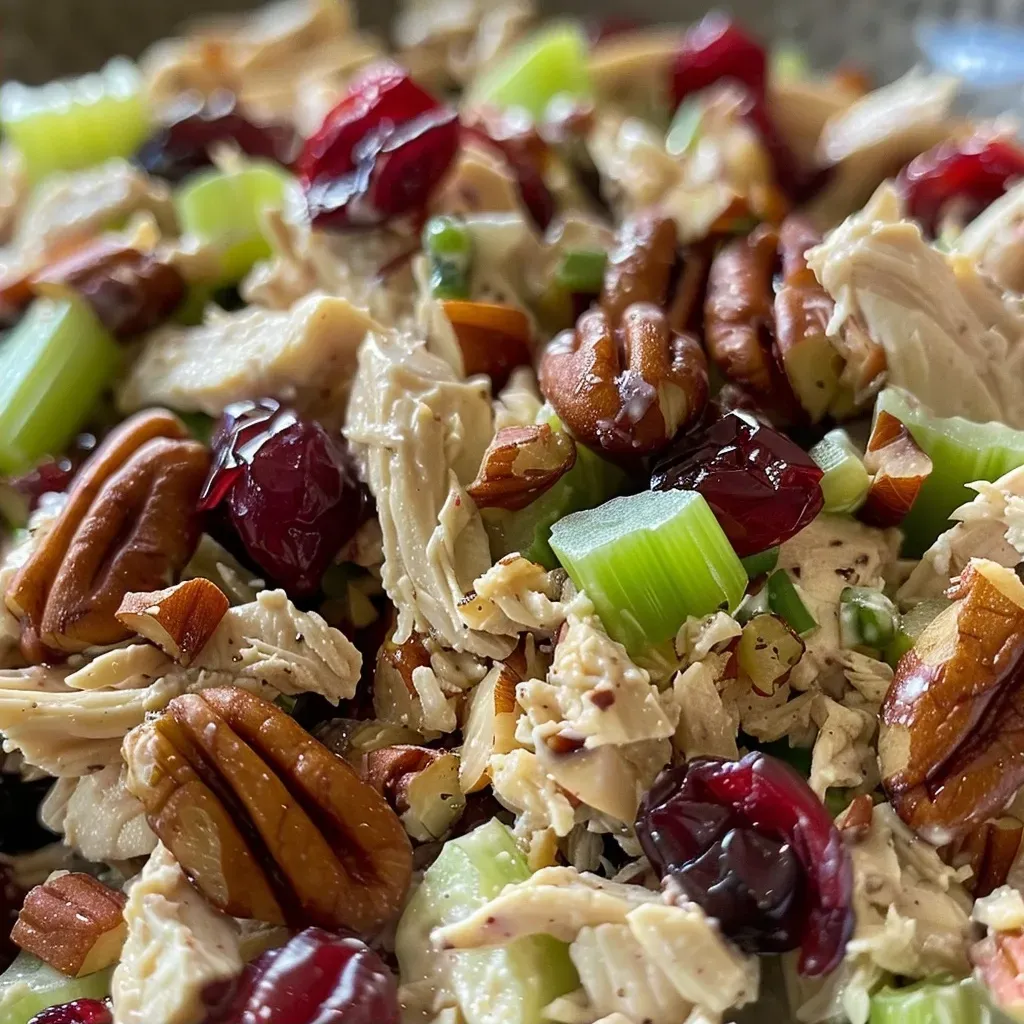 A close-up view of a vibrant Cranberry Pecan Chicken Salad in a bowl.