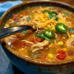 ['Close up of creamy chicken tortilla soup garnished with cheddar cheese and tortilla strips.', 'Side view of a bowl filled with creamy chicken tortilla soup, topped with diced jalapenos and cheese.', 'A delicious serving of creamy chicken tortilla soup with visible chicken, corn, and vibrant colors.', 'Creamy chicken tortilla soup in a bowl, showcasing ingredients like cheddar cheese and tortilla pieces.']