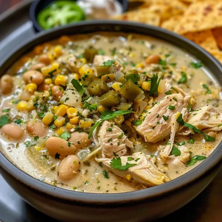 ['Close-up of a creamy white chicken chili in a bowl, garnished with sliced jalapenos and fresh cilantro.', 'Side view of a steaming bowl of creamy white chicken chili with tortilla strips and avocado slices on top.', 'Rich and creamy white chicken chili, showcasing diced green chiles and a dollop of sour cream.', 'Bowl of white chicken chili filled with chicken, beans, and corn, decorated with fresh herbs and cheese.']