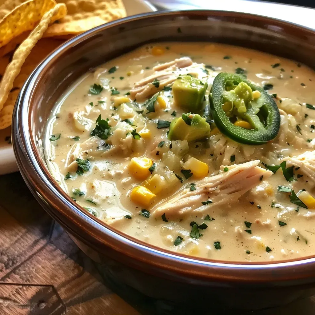 ['Close-up of a creamy white chicken chili in a bowl, garnished with sliced jalapenos and fresh cilantro.', 'Side view of a steaming bowl of creamy white chicken chili with tortilla strips and avocado slices on top.', 'Rich and creamy white chicken chili, showcasing diced green chiles and a dollop of sour cream.', 'Bowl of white chicken chili filled with chicken, beans, and corn, decorated with fresh herbs and cheese.']