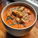 ['Creamy tomato basil soup in a bowl, garnished with fresh basil and croutons.', 'Close-up view of a rich, velvety tomato soup with herbs and toasted bread pieces.', 'A side shot of a bowl of creamy tomato basil soup, featuring basil leaves on top.', 'Delicious, vibrant tomato basil soup served with grated cheese and garnishes.']