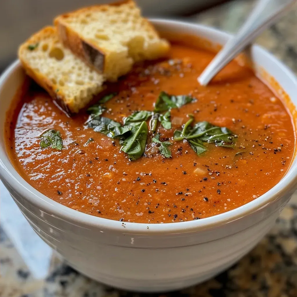 ['Creamy tomato basil soup in a bowl, garnished with fresh basil and croutons.', 'Close-up view of a rich, velvety tomato soup with herbs and toasted bread pieces.', 'A side shot of a bowl of creamy tomato basil soup, featuring basil leaves on top.', 'Delicious, vibrant tomato basil soup served with grated cheese and garnishes.']