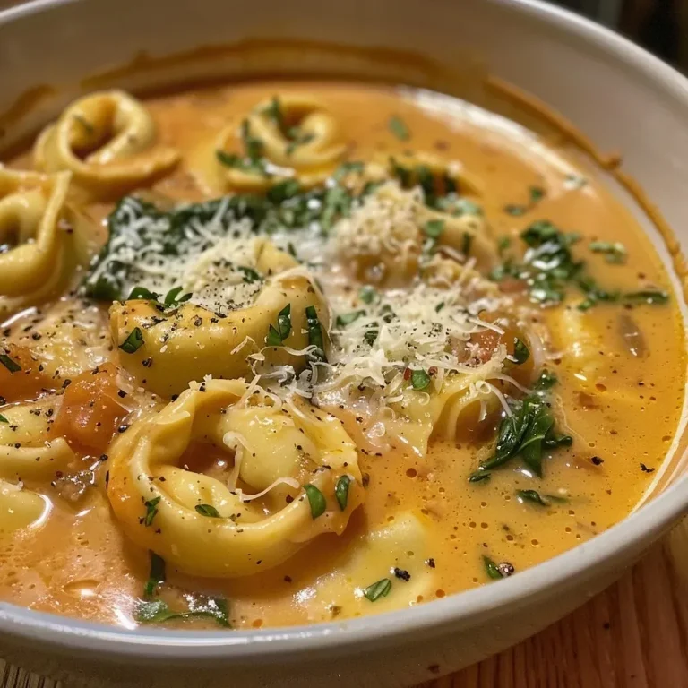 ['Creamy tomato tortellini soup with spinach and parmesan, served in a white bowl.', 'Close-up of creamy tomato soup with cheese tortellini, garnished with fresh spinach.', 'Side view of a bowl of creamy tomato tortellini soup, featuring vibrant colors and textures.', 'Rich and creamy tomato soup showcasing tortellini and spinach, ready to be enjoyed.']