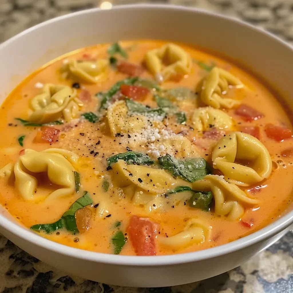['Creamy tomato tortellini soup with spinach and parmesan, served in a white bowl.', 'Close-up of creamy tomato soup with cheese tortellini, garnished with fresh spinach.', 'Side view of a bowl of creamy tomato tortellini soup, featuring vibrant colors and textures.', 'Rich and creamy tomato soup showcasing tortellini and spinach, ready to be enjoyed.']